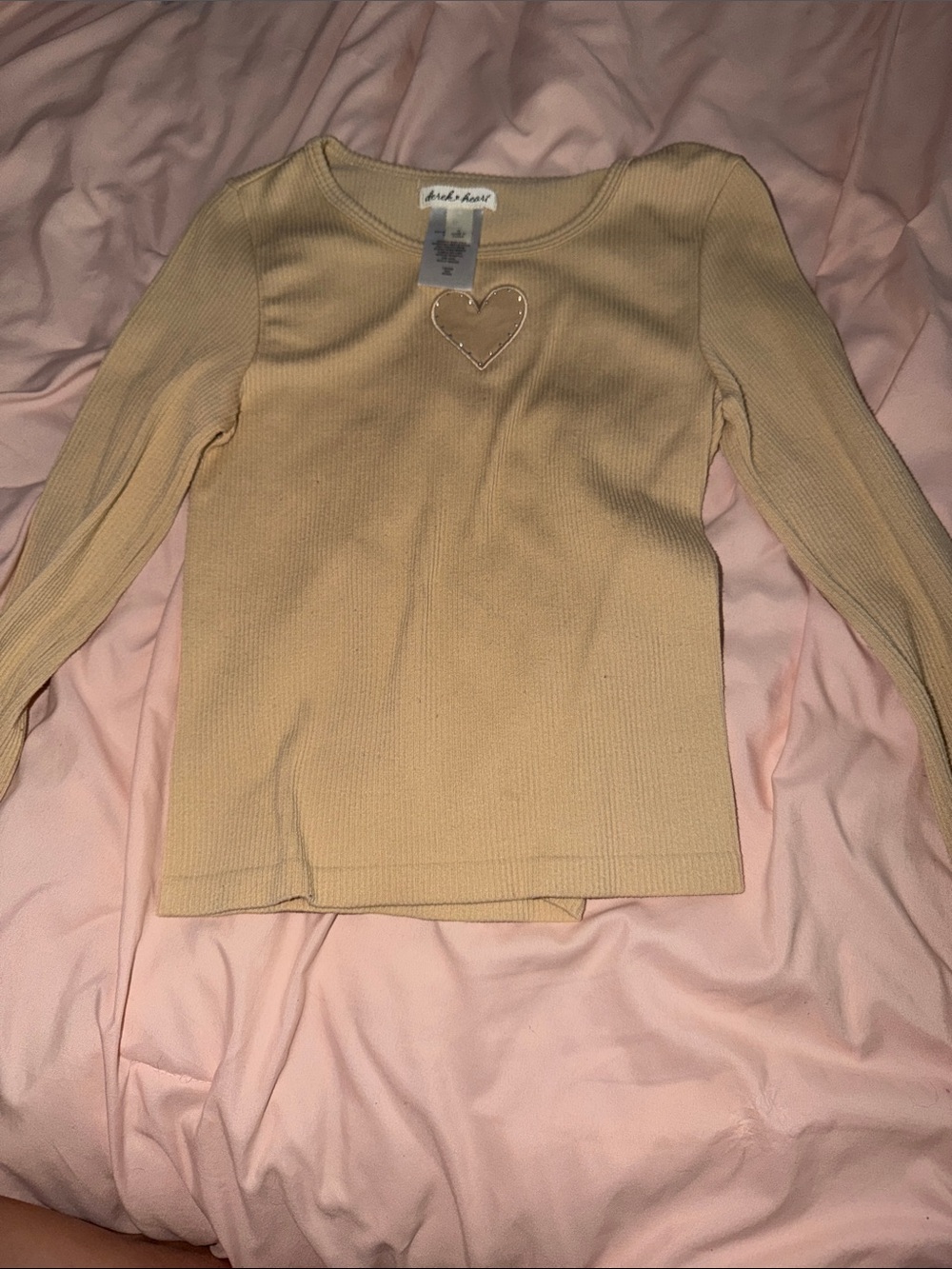 Derek Heart Ribbed Long Sleeve Top with Heart Patch - Tan
